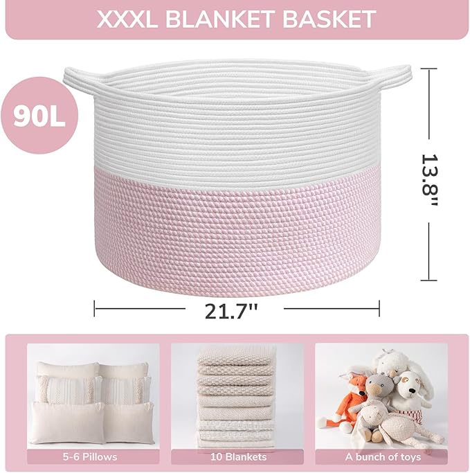 INDRESSME XXXLarge Storage Basket with Handle, Pink Laundry Basket for Nursery Stuffed Animal Storage, Baby Baskets Kids Toy Organizer, 21.7" x 21.7" x 13.8", Pink
