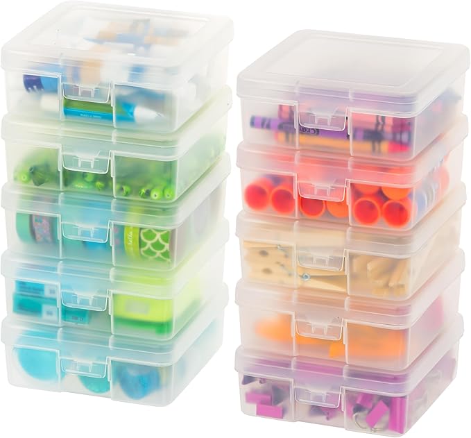 IRIS USA Pencil Case Box Storage Container for Organizing with Snap Lid, 10-Pack, Big Capacity Stackable Plastic Pen Pouch for Craft Hobby Art Supplies Journaling Stationery Sticker, Clear, Small