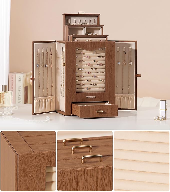 Homde Jewelry Organizer with Transparent Window Necklace Hooks Gift for Women Jewelry Box Display Case for Necklaces Rings Earrings Bracelets and Other Accessories (Brown)