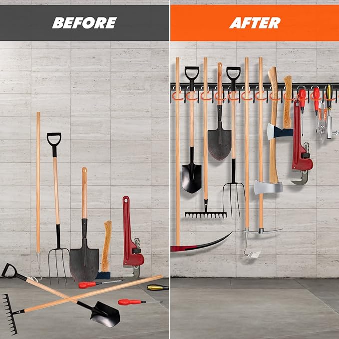 68'' All Metal Garden Tool Organizer Wall Mount Garage Tool Organizers and Storage Broom Holder Wall Mount with Hooks Tool Hangers for Shed
