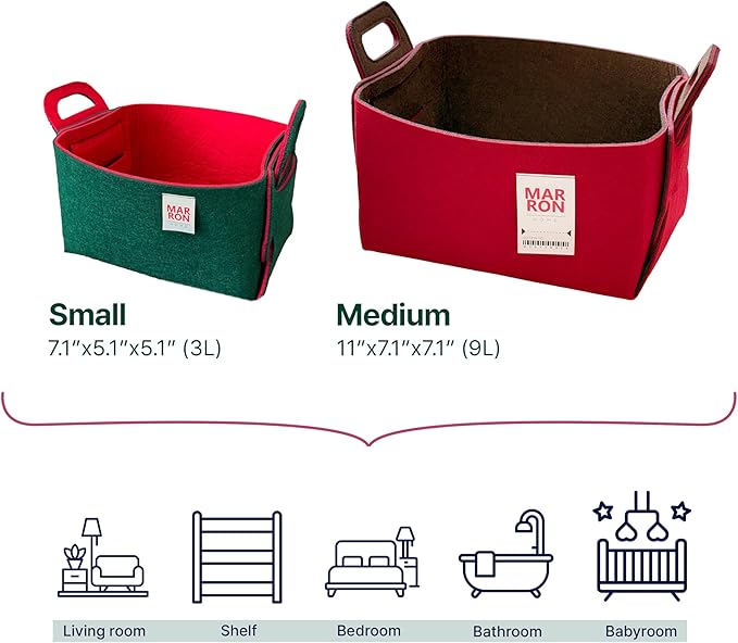 Collapsible Red Choco Felt Storage Bin Small 11"x7.1"x7.1" – Foldable Basket with Handles for Closet, Laundry Room Organization, Decorative Storage Baskets for Shelves Storage