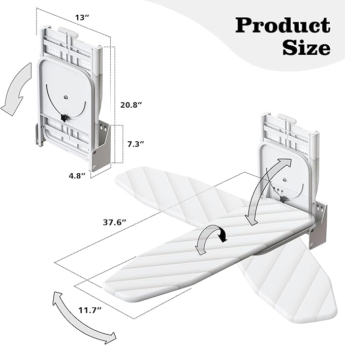 Wall-Mounted Ironing Board 37.4" x 11.8" Compact Mount Fold Down Iron Board Foldable 180° Swivel Iron Board with Heat Resistant Cover Space Saving for Home Laundry Room, Apartment, Dorms