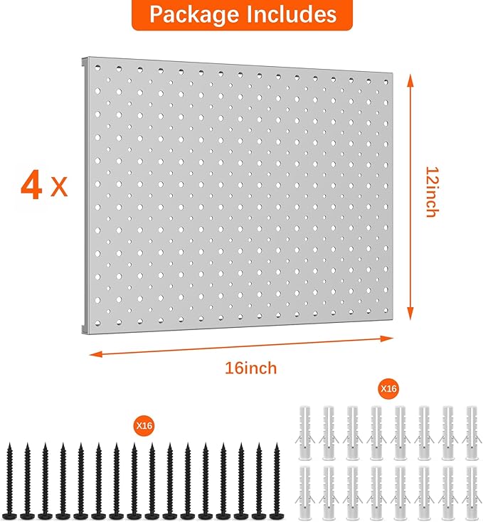 TORACK 4Pcs 12"x16" Metal Pegboard Panels for Garage, Workbench, Shop, Shed Tool Organizer Peg Board with 1/8" & 1/4" Holes, Modular Wall-Mounted Pegboard for Pegboard Hooks (Grey)
