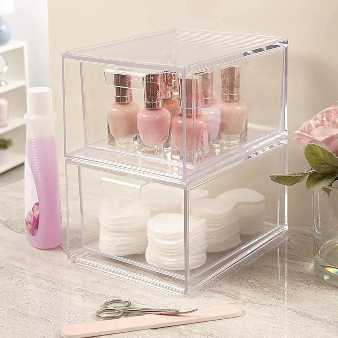 Clear Stackable Storage Drawers,2 Pack Acrylic Drawers Desk Organizers Makeup Organizer for Vanity, Bathroom,Cabinet,Desk Organization