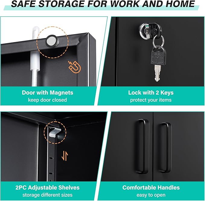 SISESOL 36 inch Metal Storage Cabinet with Doors and Shelves,Small Garage Storage Cabinet with Lock,Black Metal Cabinets with Locking Doors for Home,Office,Short Garage Cabinets