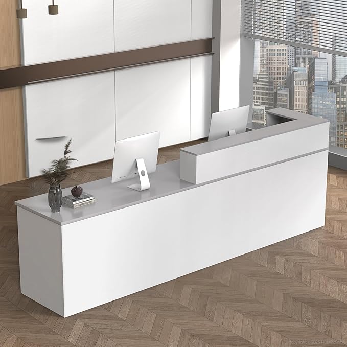 L Shape Reception Desk with Counter, Lockable Drawer, Keyboard Tray, and Double-Layer Storage for Salon, Office, or Clinic(White+Gray/Left, 63" L*24" W*39" H)
