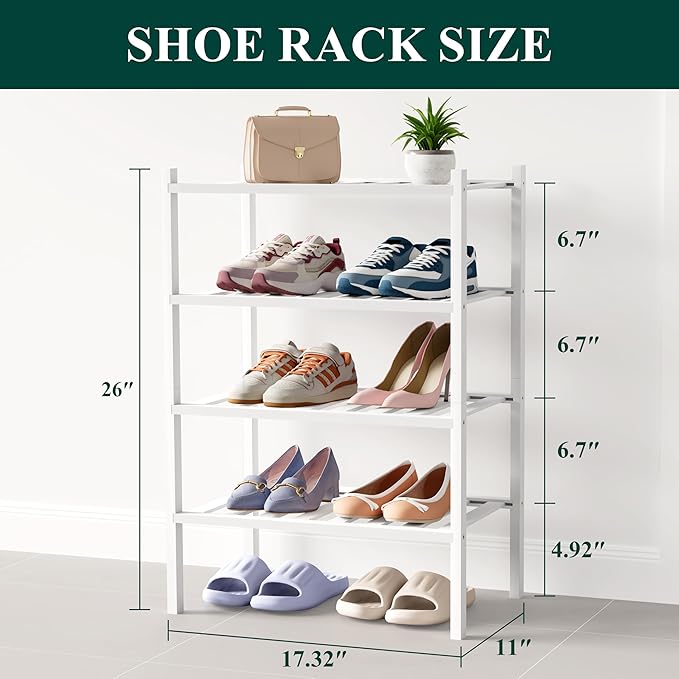 Smiry Bamboo Shoe Rack for Closet, 4 Tier Small Wooden Stackable Shoe Organizer, Free Standing Shoes Storage Shelf for Entryway, Front Door Entrance, White