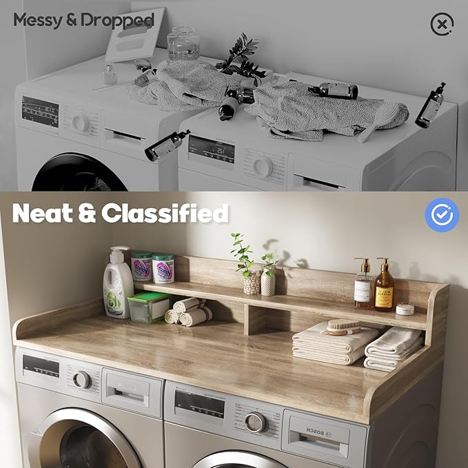 2-Tier Washer and Dryer Countertop with 2.75" H Guard,58" W x 28" D Laundry Countertop Cover with Non-Slip Pad,Large Space Laundry Topper for Folding Clothes Over Washer and Dryer-White Oak