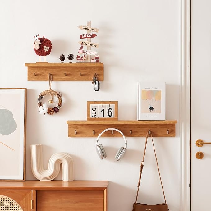 Oak Wood Coat Rack Wall Mount With Shelf 27.5 Inch Long, Entryway Floating Shelf With 6 Hooks for Bathroom, Hallway, Living Room