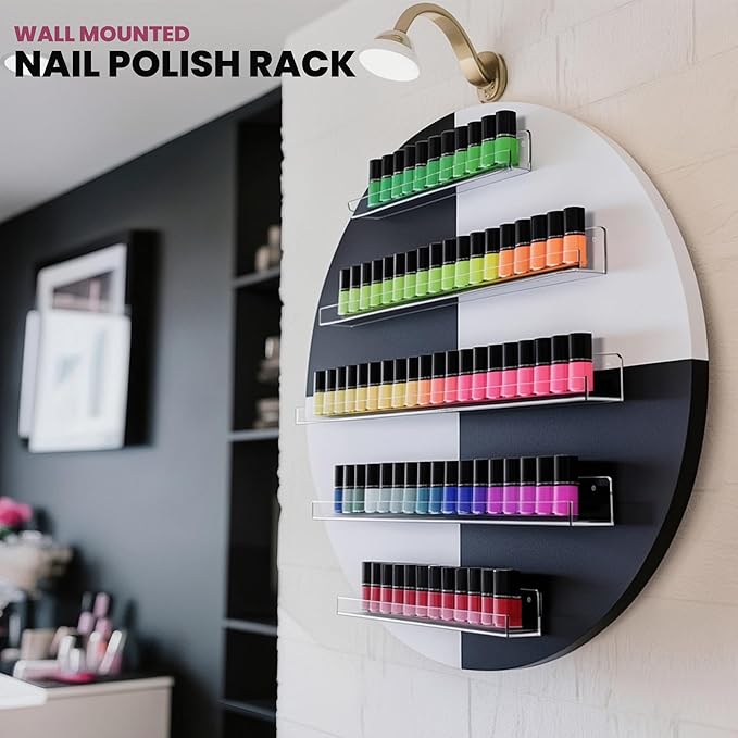 Wall Mount Nail Polish Organizer, 2 Packs Wood Nail Polish Rack w/Acrylic Barrier, 5-Tier Round Storage & Display Shelf, Perfume Essential Oil Bottles Holder, White & Black