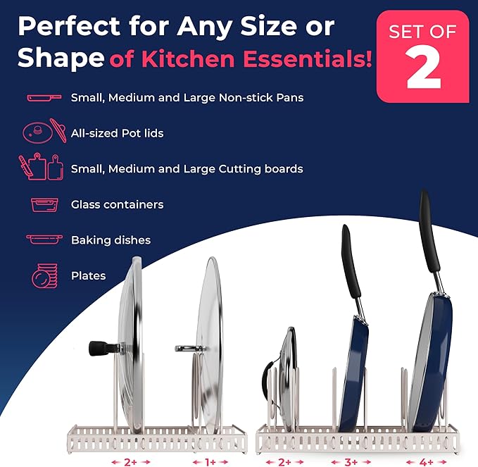 Better Things Home 14+ Dual Pan and Pot Lid Organizer Rack Set for Cabinet - Includes 1 Large Rack & 1 Compact Rack for Bakeware, Lids & Pans (White Sand, PAN + LID SET)