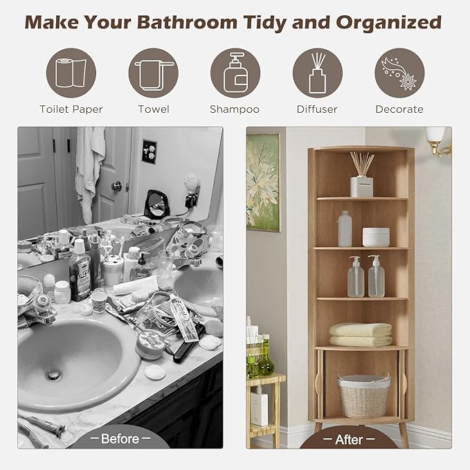 Corner Cabinet, 66.73'' Tall Modern Corner Bathroom Storage Cabinet with 2 Fluted Doors and Shelves, Home Space Saver for Kitchen, Living Room, Study Room (Wood Color, 66.73''H)