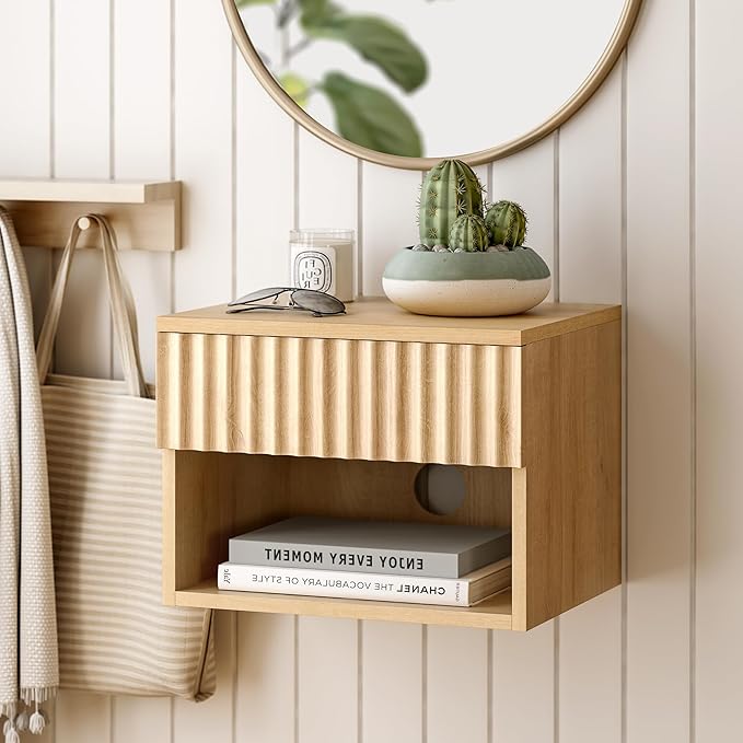 Floating Nightstand with Drawer and Open Shelf, Small Wall Mounted Bedside End Table, Modern Fluted Night Stand for Bedroom, Living Room, Natural Oak