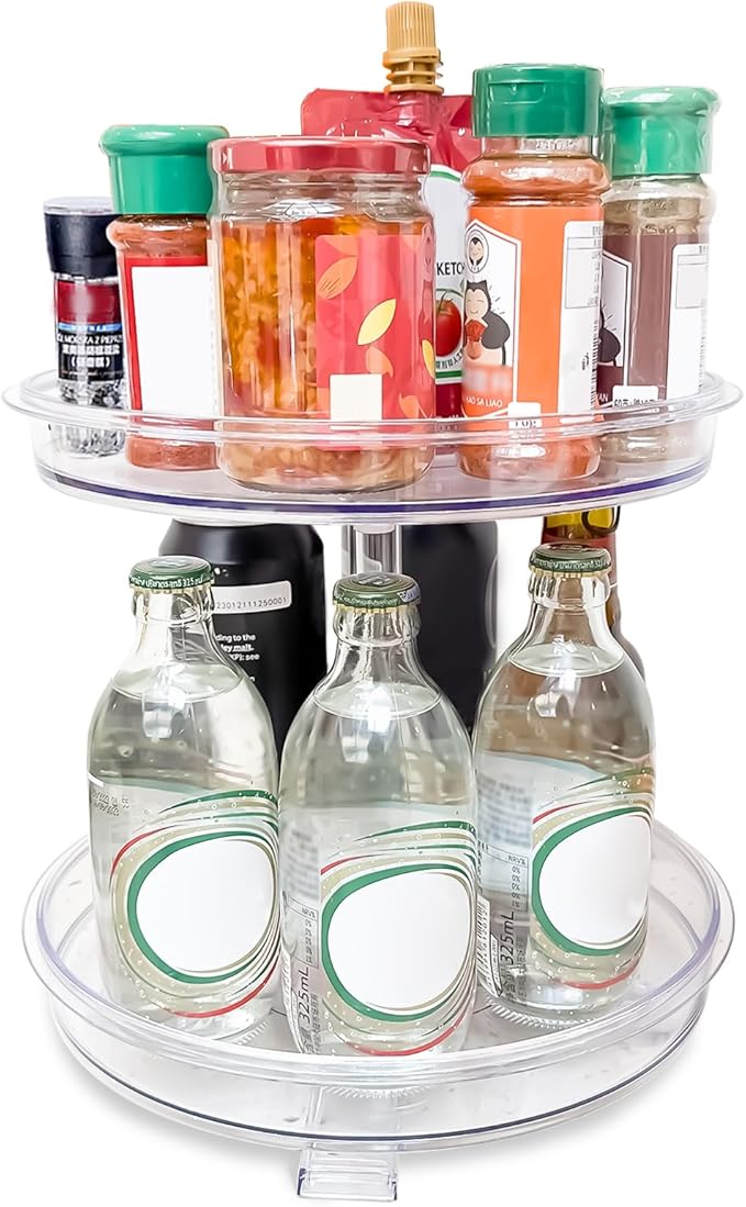2 Tier Lazy Susan Organizer,9.7 Inch Lazy Susan Turntable for Cabinet,Rotating Spice Rack Organization for Kitchen,Refrigerator, Bathroom, Clear