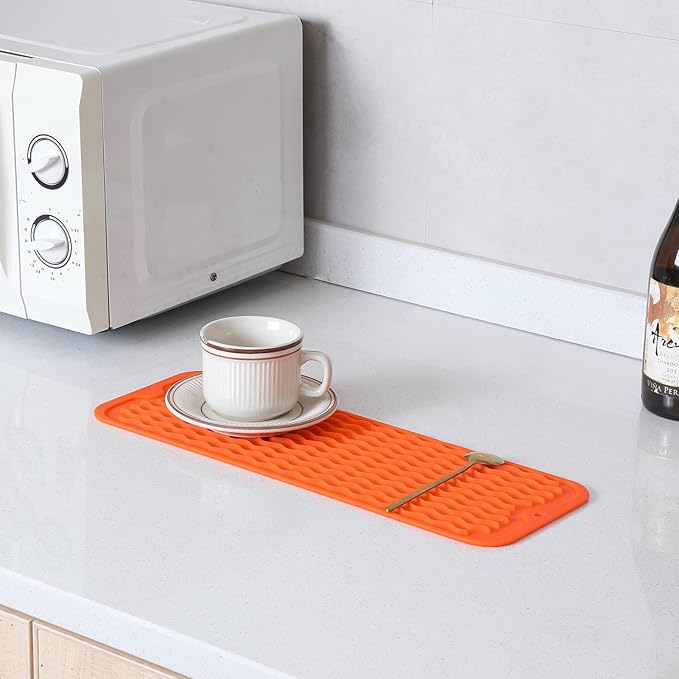 Silicone Dish Drying Mat for Multiple Usage,Easy clean,Eco-friendly,Heat-resistant Silicone Mat for Kitchen Counter,Sink,Bar,Bottle,or Cup Orange M 17 inches x 6 inches