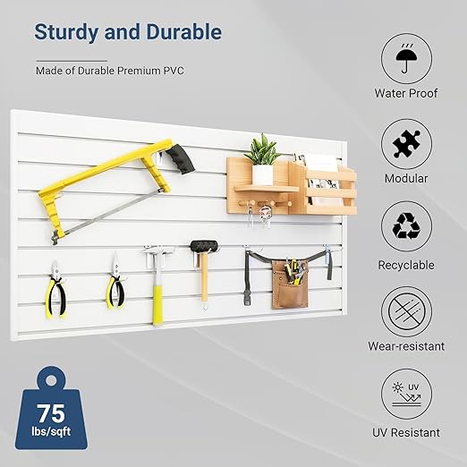 4FT x 2FT Modern White PVC Slatwall Panel, Wall Mounted, 1 Shelf, Garage Storage, 75 lbs Weight Capacity