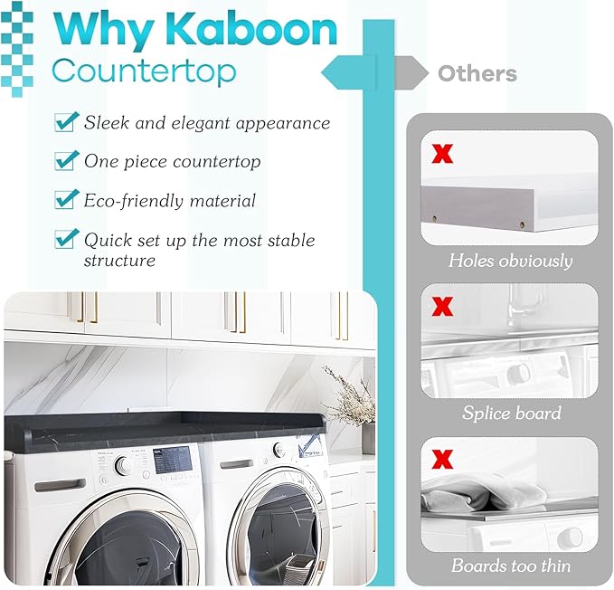 Kaboon Washer Dryer Countertop, Melamine Countertop with Edge Rails - 27.5" Depth x 54" Width Laundry Room Organization, Cloud Atlas/Black Marble Pattern