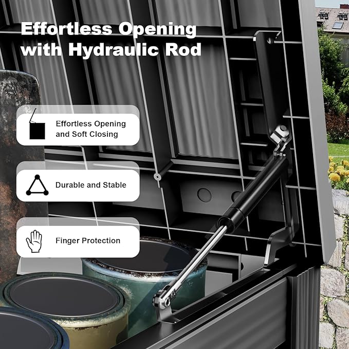 180 Gallon Waterproof Outdoor Storage Box, UV Resistant Resin Deck Box with Hydraulic Rod for Reinforced Stability, Perfect for Patio, Garden, and Pool, Striped Black