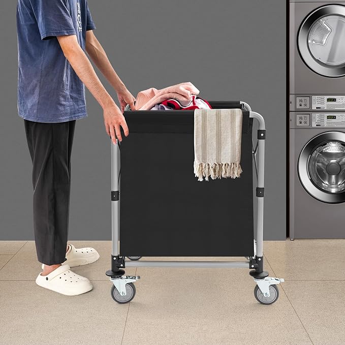 Commercial Laundry Cart with Wheels,Folding Laundry Hamper Cart,Heavy Duty Rolling Laundry Basket with Large Capacity,Laundry Sorter Trolley for Home Hotel Apartment (Black, 23.62 * 19.69 * 23.62in)