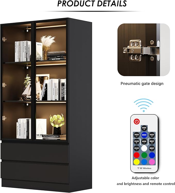 63'' Tall Glass Display Cabinet with LED Lights & 2 Drawers,Showcase with Glass Doors,4-Tier Curio Cabinet for Collectibles Bookcase,Storage Shelf, Bookcase(Black- 2 Drawers)