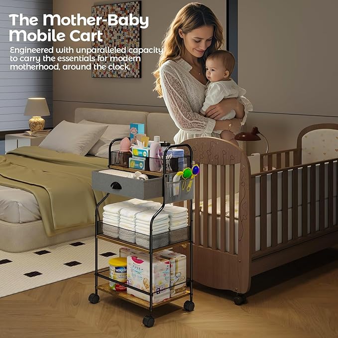 3-Tier Baby Diaper Caddy Cart Organizer with Drawer,Rolling Utility Cart & Bedside Nursery Essentials Cart for Newborn Baby Stuff, 2+1 Dividers, Baby Storage Organizer for Bedroom,Changing Table,Grib