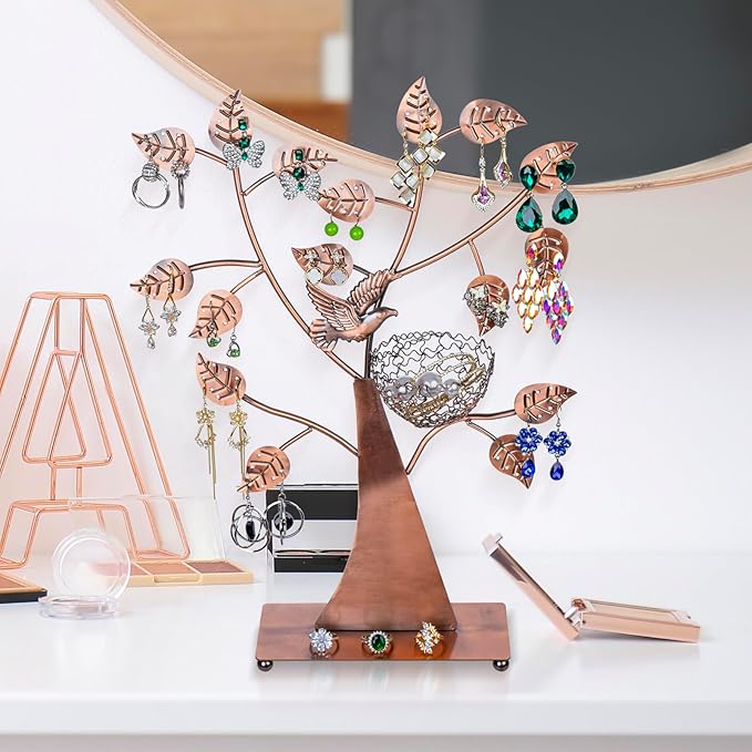 MyGift 14-Inch Modern Bronze Jewelry Organizer Tree with Bird Nest – Holds 48 Earrings, Necklace & Bracelet Stand, Metal Tabletop Display for Rings, Trinkets – Decorative Storage for Home Décor