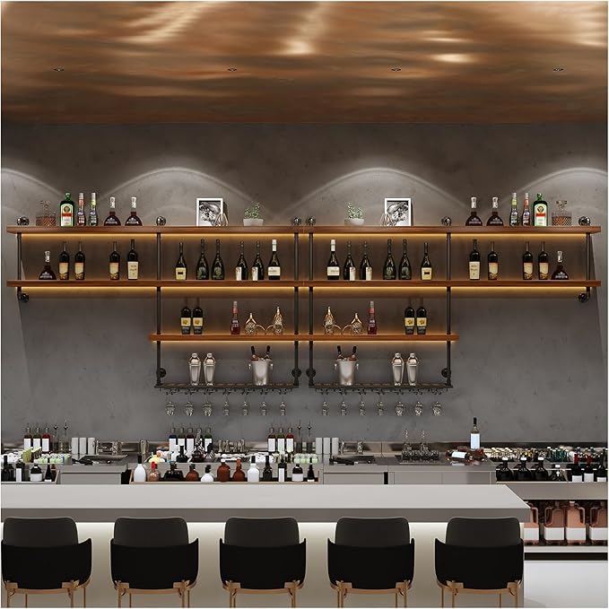 Solid Wood Wall Mounted Wine Rack, Large Wine Rack with LED Light, 4 Tiers Liquor Bottles Floating Shelves with Glass Holder, Industrial Bar Shelves for Home Bar Dining Room (141.8 IN/ 360CM)