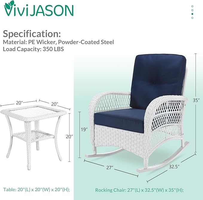 VIVIJASON 3-Piece Outdoor Conversation Bistro Set, Patio Wicker Rocking Chairs Rattan Furniture Sets w/ 2 Rattan Chairs, Cushions, Glass Top Side Table for Garden Porch Backyard (White/Navy Blue)