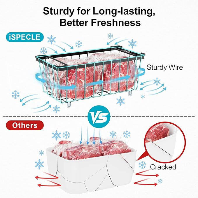 iSPECLE Chest Freezer Basket - 3 Pack Small Stackable Freezer Bins for Most 7 Cu.FT Deep Freezer Sort Frozen Food, Deep Freezer Organizer Bins with Handles Easy to Get Food from Bottom, Black