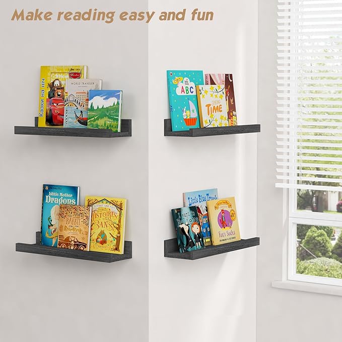 Forbena Black Picture Ledge Shelf, Floating Shelves with Lip for Wall, Small Wall Shelves for Bathroom Bedroom Kitchen Office Living Room Books, Art Pictures, Photo Frame, Plants (4-Pack, Real Wood)