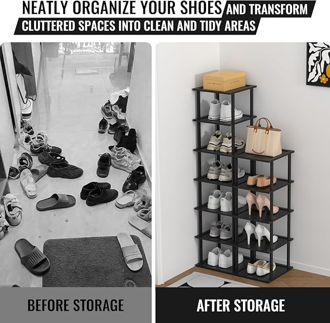 Bamboo Free Standing Shoe Rack Shelf Multi Tier Tall Wooden Stackable Shoes Rack Organizer for Closet Front Door Entrance Narrow Vertical Shoe Storage Rack for Corner Stand (Black, 12 Tiers)