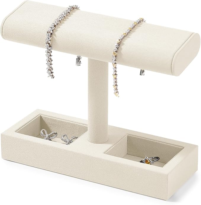 Oirlv Microfiber T-Bar Watch Display Stand Jewelry Display Props Jewelry Organizer Holder for Watch Bracelet Ring Earrings (Creamy-white,Microfiber)