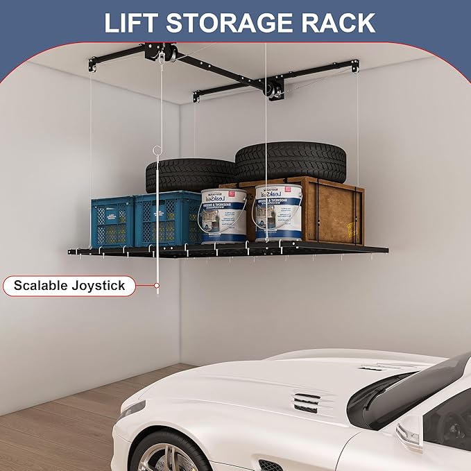 4x8FT Overhead Garage Storage Rack for High Ceilings 10-12 FT, Adjustable Garage Organization System, Heavy Duty Ceiling Storage Racks with Safety Lock,325LBS Capacity,Black