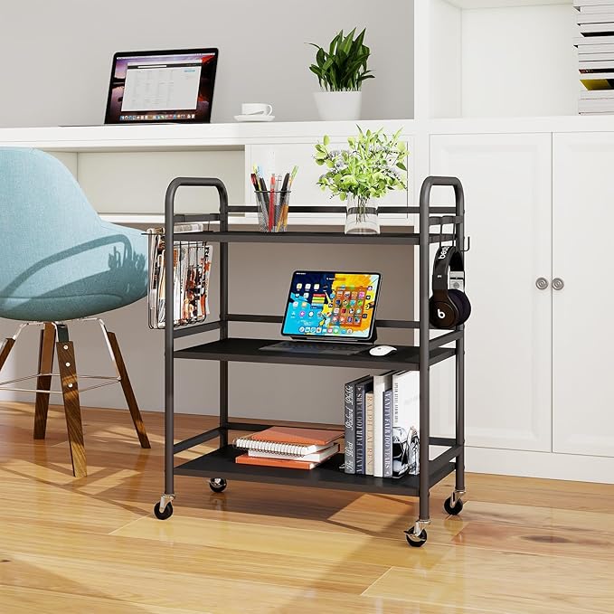 HDANI 3 Tier Metal Rolling Utility Cart,High Capacity Multi Purpose Heavy Duty Cart for Office,Kitchen,Living Room,Bedroom,Black
