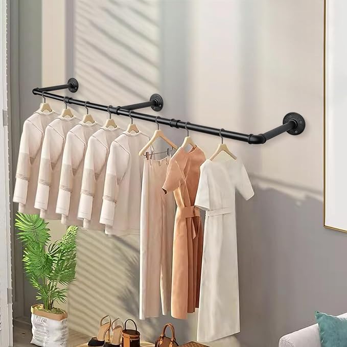 Industrial Iron Pipe Clothes Hanging Bar DIY Wall-Mounted Garment Rack Heavy Duty Clothing Rack for Bedroom, Laundry Room, Closet Storage (Black 60 inch)
