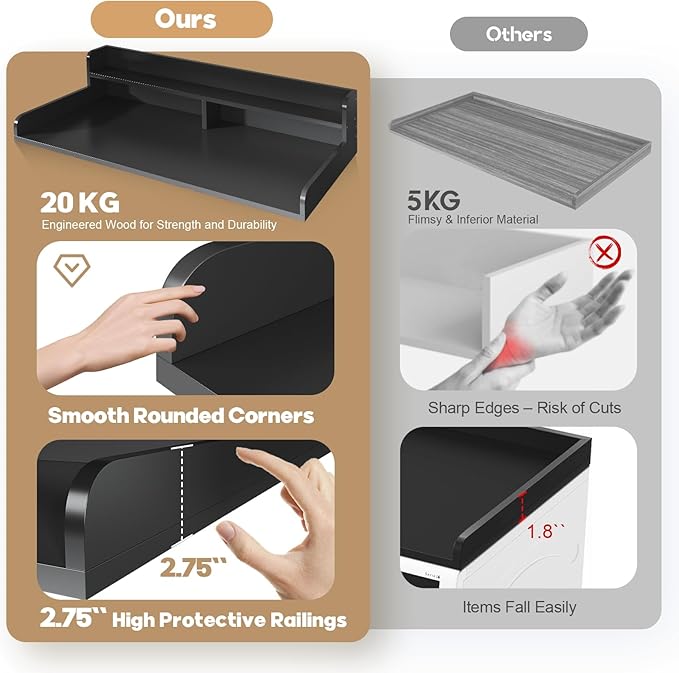 2-Tier Washer Dryer Countertop with 2.75" H Edge Rails, 58" W x 28" D Laundry Countertop for Folding Clothes, Washer and Dryer Topper with Non-Slip Pad (Black)