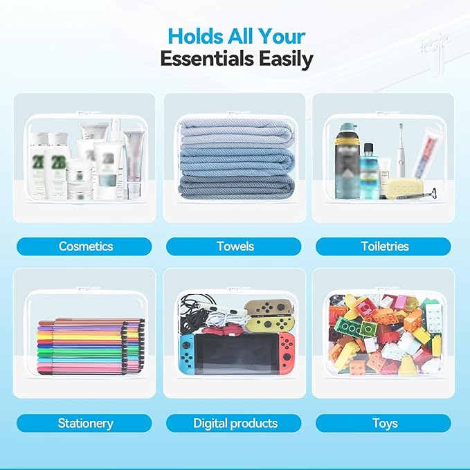 3Pcs Clear Zipper Pouches, White BIiss Plastic Bins for Organizing, Hard Clear Hard Shell Zipper Case Makeup Bag & Travel Organizer for Home Storage Cosmetics, Puzzles, 10 x 8 x 2.4 Inch