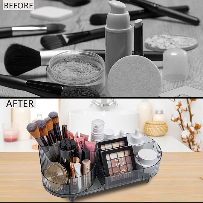 Cosmetic Makeup Storage Organizer, Countertop Makeup Perfume, Rotating Makeup Organizer for Vanity with Brush Holder, Lotions Display Case, Large Spinning Makeup Skincare Organizer (Transparent Black)