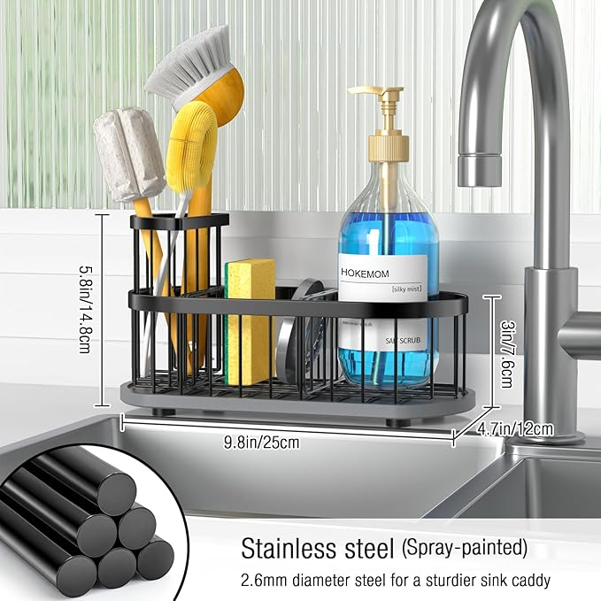 Kitchen Sink Organizer with Sponge Holder & Brush Holder - Drain-Free Non-Slip Base, 2.6mm Stainless Steel with Black Rust-Resistant Coating - Easy Install & Clean Kitchen Sink Caddy