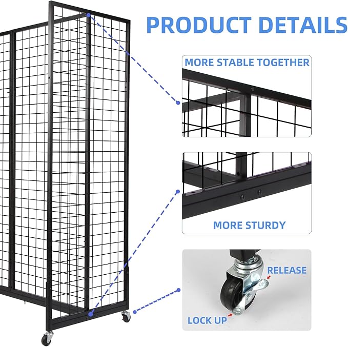 Grid Gondola Unit, 4pcs 2'x 5' Grid Wall Panels with Sturdy Frames, Gridwall Display Stand with Wheels, Craft Show Gridwall Display Rack, Art Display - Black