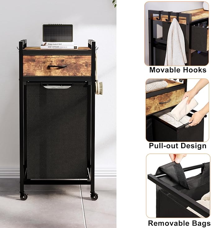 Laundry Hamper, Laundry Sorter, Rolling Laundry Basket with Drawer, 18 Gal (68 L), Pull-Out and Removable Oxford Fabric Bags, Black and Rustic Brown