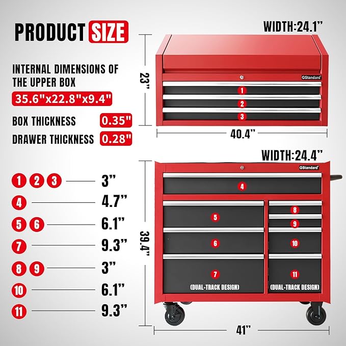 41-Inch Heavy-Duty Rolling Tool Chest Set - GSTANDARD 11-Drawer Steel Storage Cabinet for Garage, Warehouse & Workshop (Black/Red)