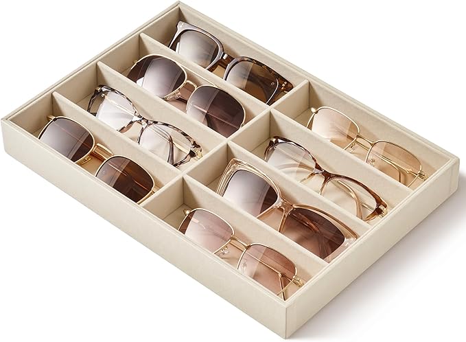 pickpiff Drawer Sunglass Organizer & Display Tray: 1 Pcs 8 Grids Velvet Scratch-Free Eyeglasses Case (13.8x9.4x1.6inch) - Soft Beige Glasses Storage Holder Box for Men & Women