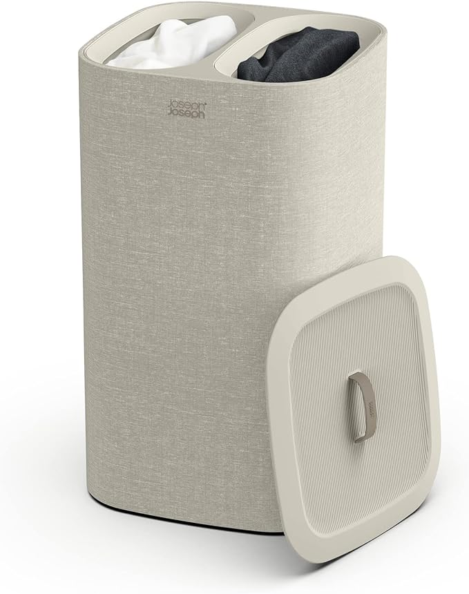 Joseph Joseph Tota 60 liter/15.8 gallon Laundry Hamper Separation Basket with lid, 2 Removable Washing Bags with Handles- Ecru
