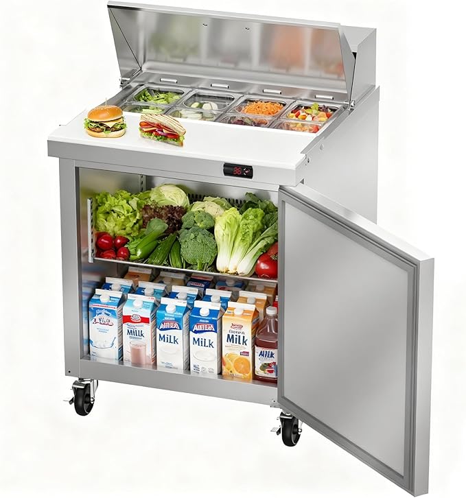29" W Commercial Refrigerator Sandwich Salad Prep Table, Stainless Steel 1-Door Sandwich Prep Table Refrigerator, Counter Fan Cooling Refrigerator with 8 Pans for Restaurant, Bar