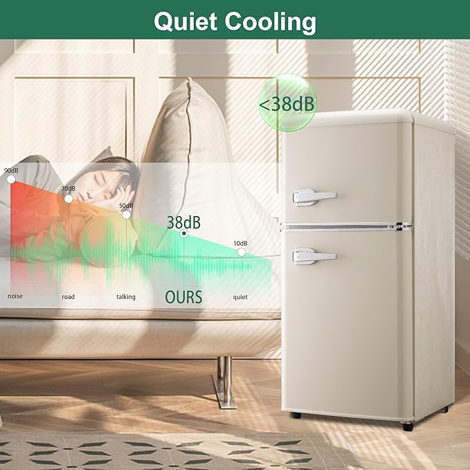 Retro Mini Fridge, 3.2 Cu. Ft. Small Refrigerator with Freezer Retro Style with 7-Level Adjustable Thermostat, Compact Vintage 2-Door Fridge for Apartments, Dorm, Office, Cream