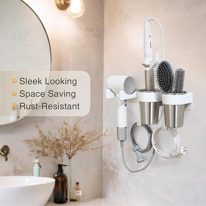 3-in-1 Hair Tool Organzier, Hair Hot Tools Wall Holder, Hair Dryer Curling Iron Holder with Cord Keeper, Hair Dryer Holder for Vanity Bathroom Powder Room