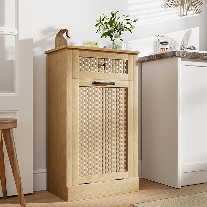 Tilt Out Laundry Hamper Cabinet,10 Gallon Laundry Cabinet with Drawers ＆ Hidden Baskets, Farmhouse Storage Basket for Laundry Room, Bathroom, Kitchen, Wood