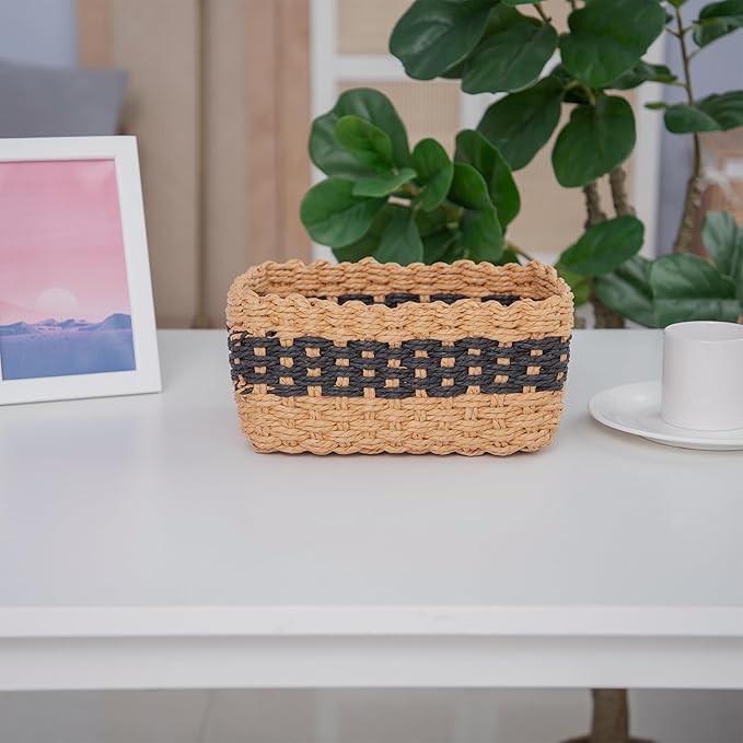 Small baskets for Organizing,Cute woven Storage basket with recycled paper rope for Shelves Bathroom,Little decorative basket,Set of 3 (Desert&Black)