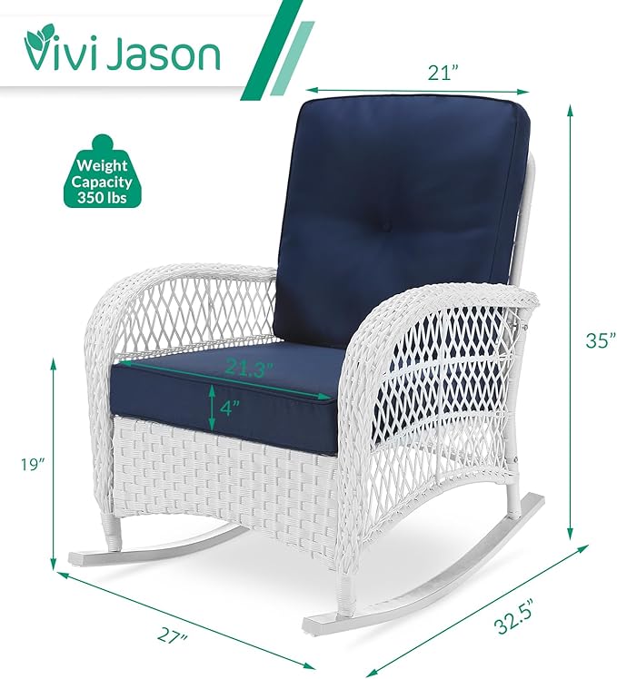 VIVIJASON 2 Piece Patio Wicker Rattan Rocker Chair, Outdoor Rattan Rocker Chair with Cushions & Steel Frame, All-Weather Rocking Lawn Wicker Furniture for Garden Backyard Porch (White/Navy Blue)